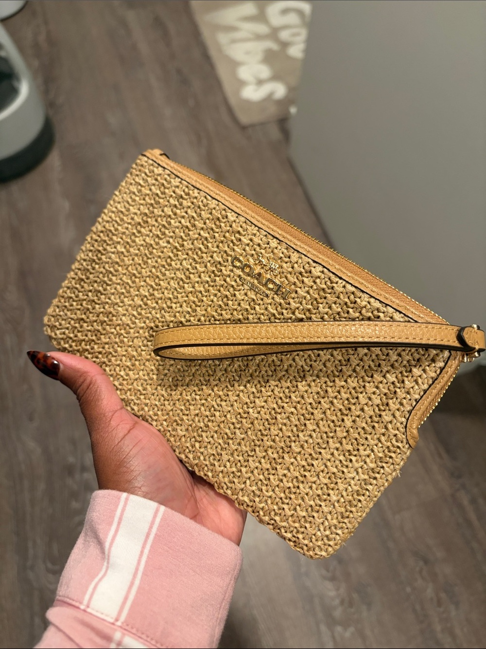 Coach Woven Straw Wristlet in Tan Leather Trim